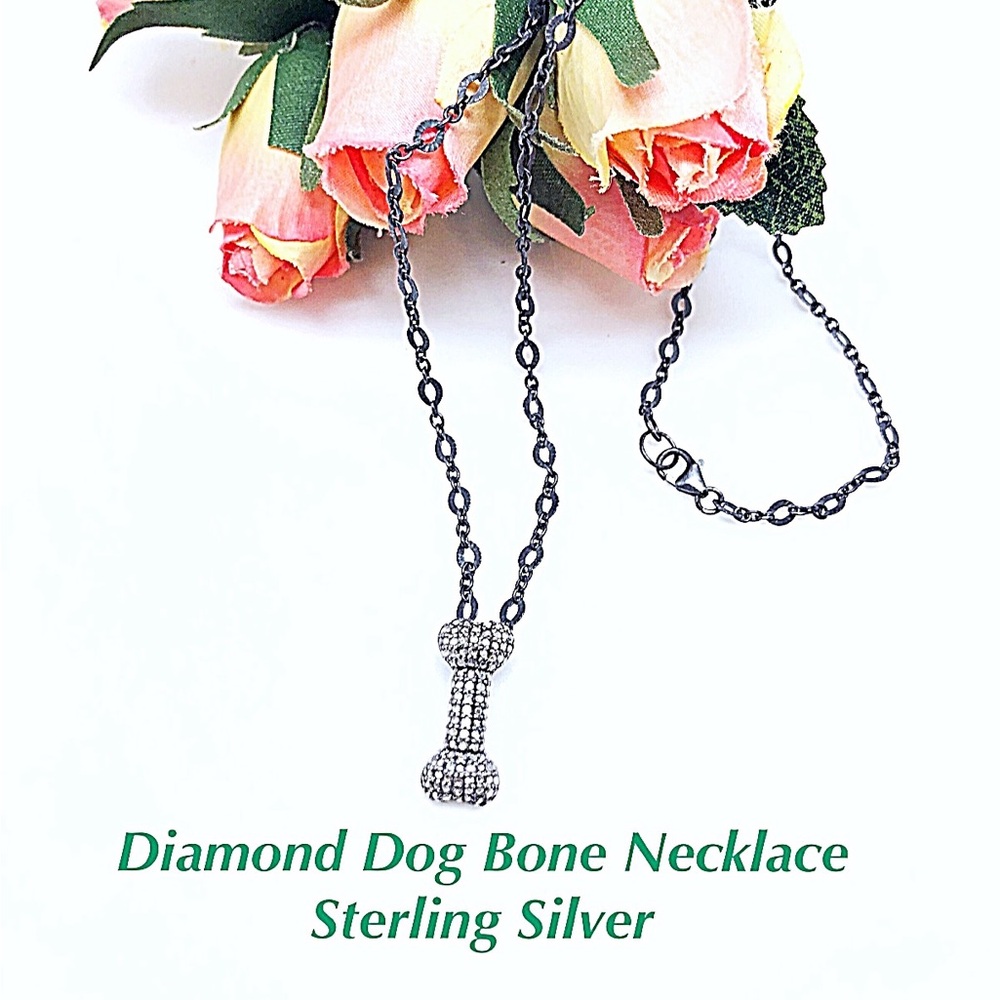 Diamond Dog Bone Charm Necklace in Oxidized Sterling Silver 17” Chain, NEW